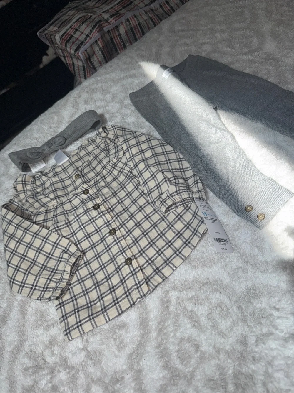Carter's Beige and Navy Plaid Button-Front Top with Gray Cardigan